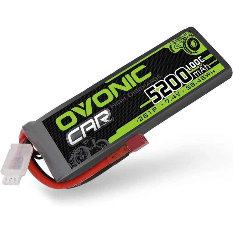 OVONIC Lipo Battery 7.4V 100C 5200mAh 2S Battery Deans T Connector with Housing for RC Car Truck Vehicle Buggy Losi 1/10 Scale R