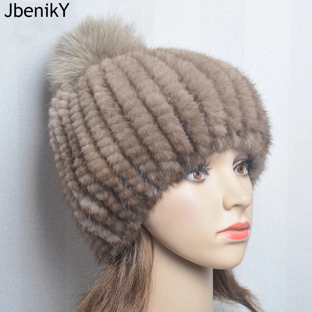 

New Luxury Lady Real Mink Fur Hat Fox Fur Pom Poms Thick Warm Real Mink Fur Cap Women Winter Knitted Real Mink Fur Beanies Hats