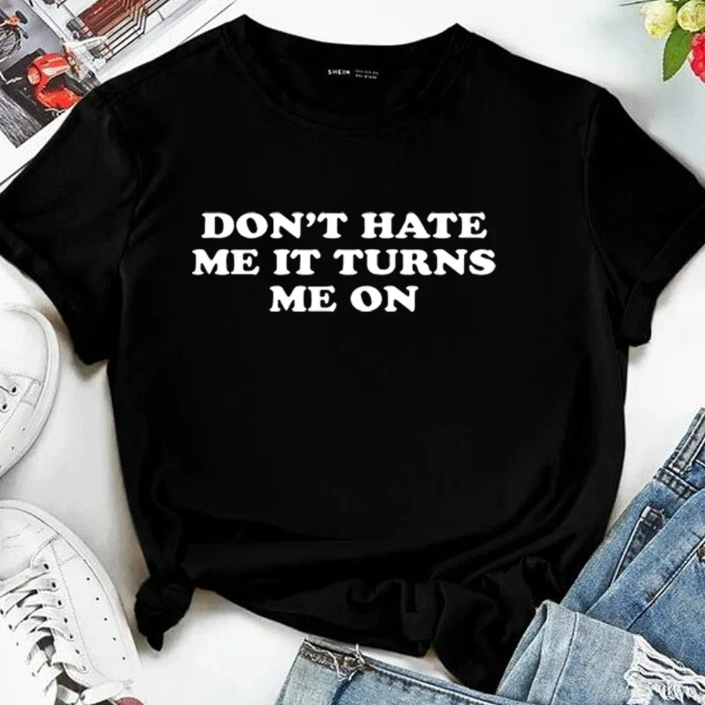

Летняя винтажная женская футболка с надписью Don't Hate Me It Turn Me On, в стиле Харадзюку, Y2K, модный топ с коротким рукавом и круглым вырезом