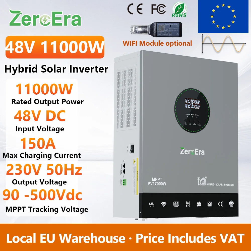 ZeroEra 48V 11KW Hybrid-Solarwechselrichter mit reiner Sinuswelle zu 230VAC 50Hz mit 150A Dual-MPPT-Regler, batterieloser Betrieb, APP-Überwachung, netzunabhängiges und netzgekoppeltes