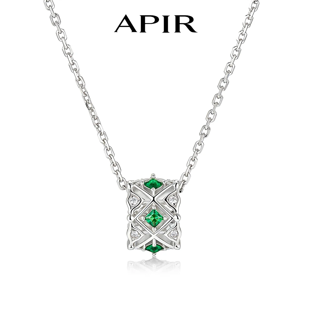 APIR Vintage Hollow Pendant Necklace S925 Sterling Silver Lab Created Emerald & Moissanite Necklace Elegant Women Jewelry Gift