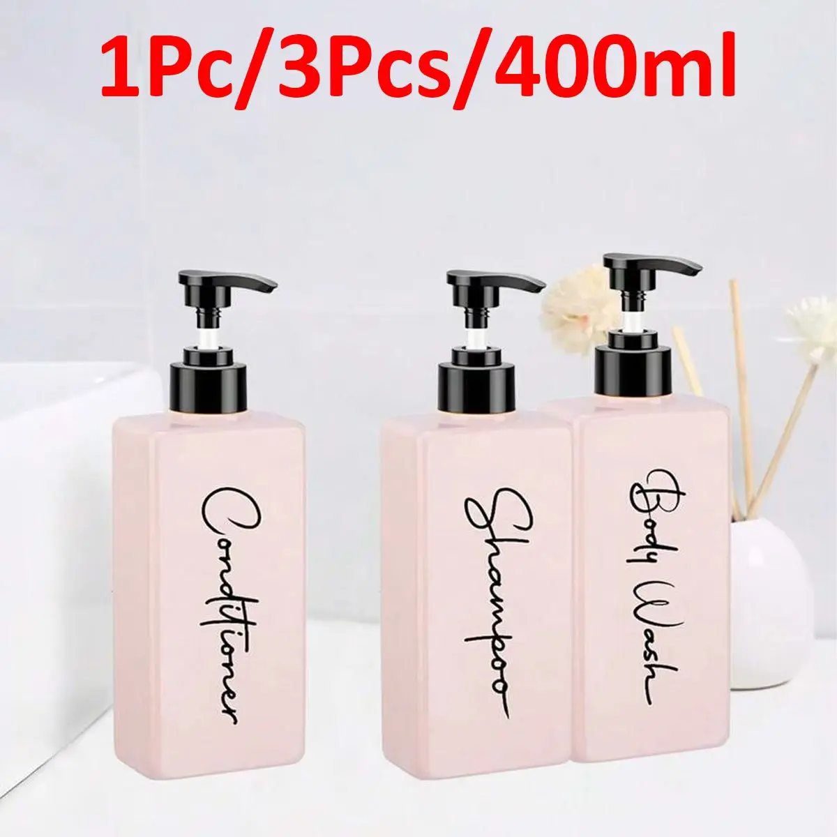 

3-Pack 400ml Soap Dispenser with Pump Head and Waterproof Label, Refillable for Shampoo, Conditioner, and Shower Gel - Pink