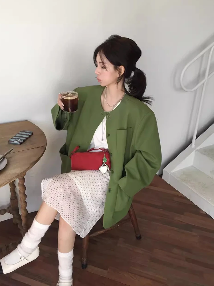 

Шикарный винтажный круглый свободный женский костюм Ne Long Sve Jaet Autumn Faion Commute Sle с несколькими карманами, белый, улучшающий