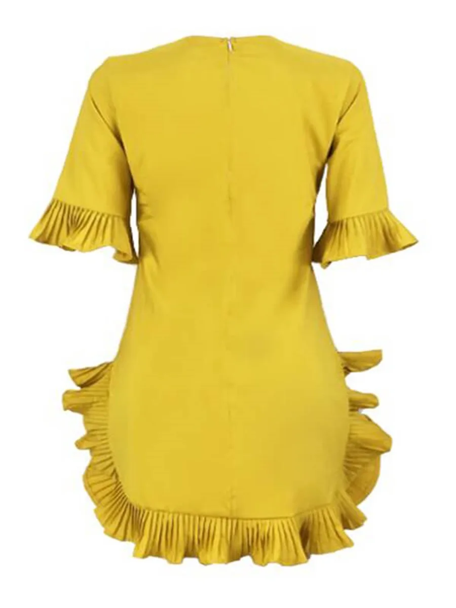 LW Sweet Plain Dresses Ruffle Design Yellow Blending Mini Dress Short-sleeve Back Zipper Flare Sleeve Yellow Fashion Streetwears