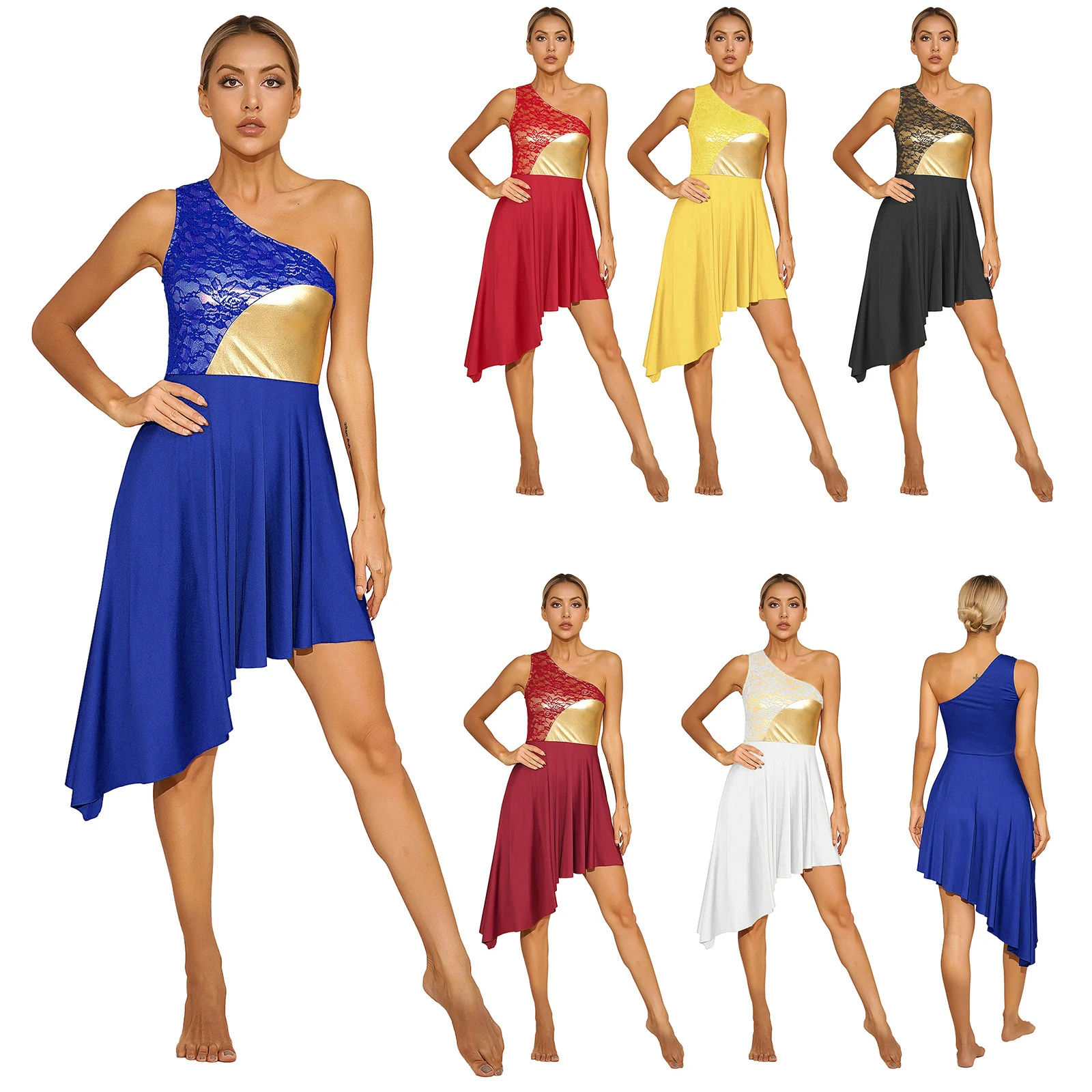 Womens Lyrical Dance Dress Waltz Ballroom Church Choir Praise Stage Performance Costume One Shoulder Asymmetrical Hem Dancewear