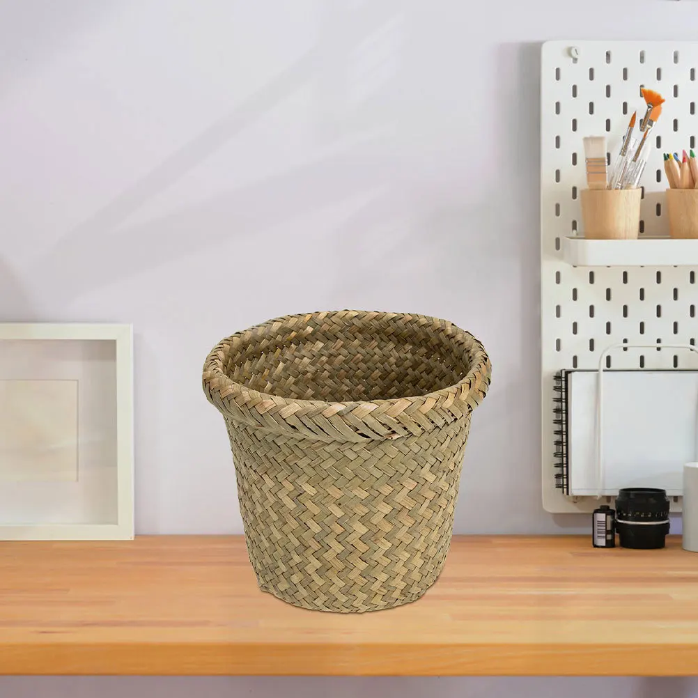 

Small Seagrass Basket Woven Rattan Storage Organizer Round Natural Flower Planter Bin Bathroom Wastebasket Farmhouse Decorative