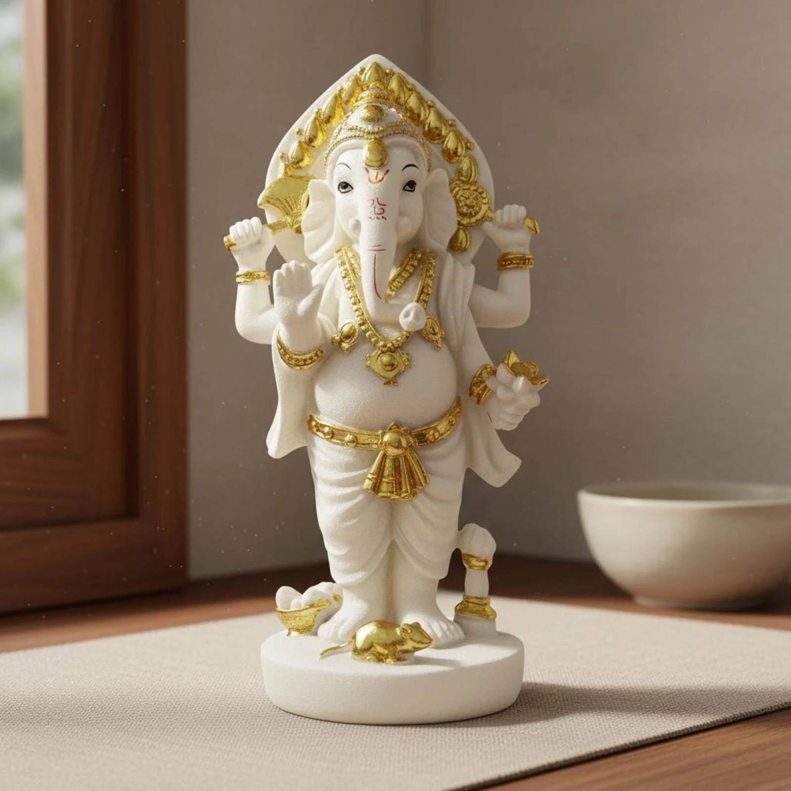 estatua-de-divindade-com-cabeca-de-elefante-em-tom-dourado-estatua-de-divindade-em-pe-com-quatro-bracos-estatua-de-elefante-esculpida-tamanho-pequeno