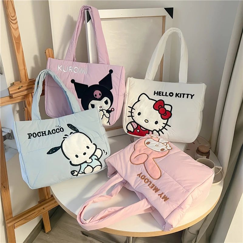 Sanrio Kawaii Hello Kitty Kuromi Tote Bags Cute My Melody Pochacco Cartoon Down Cotton Large Capacity Shoulder Bag Gifts Girls