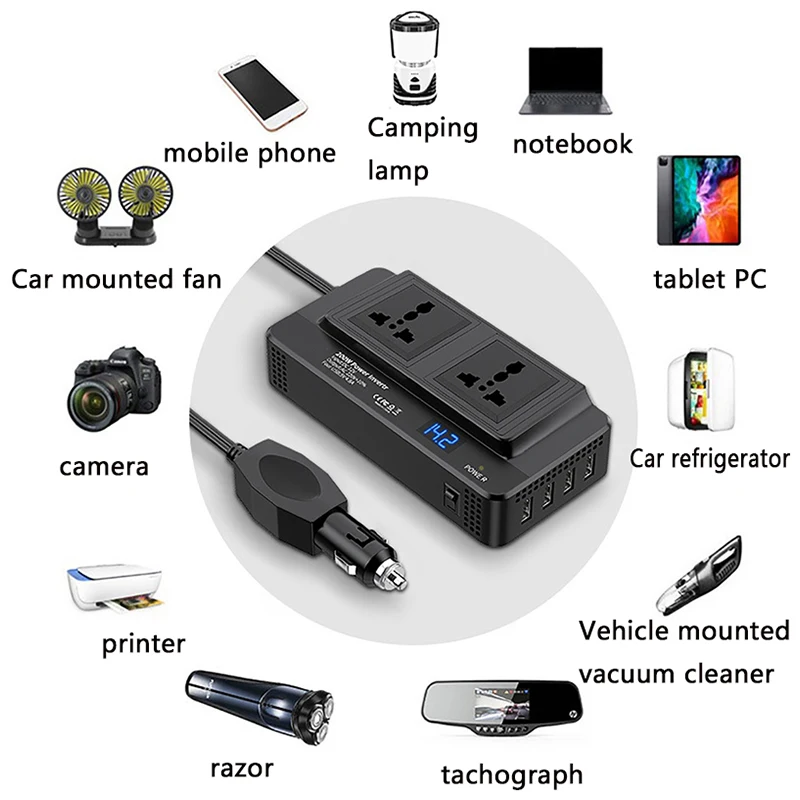 200w inversor de carro dc 12v/24v para ac 220v conversor de energia inversor 4 usb 5v 4.8a tomada de carregamento rápido tomada adaptador de energia