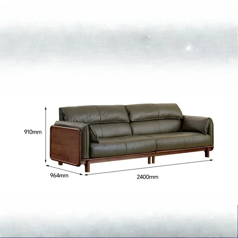 North American black walnut leather sofa, living room solid wood leisure sofa, home straight sofa light luxury furniture
