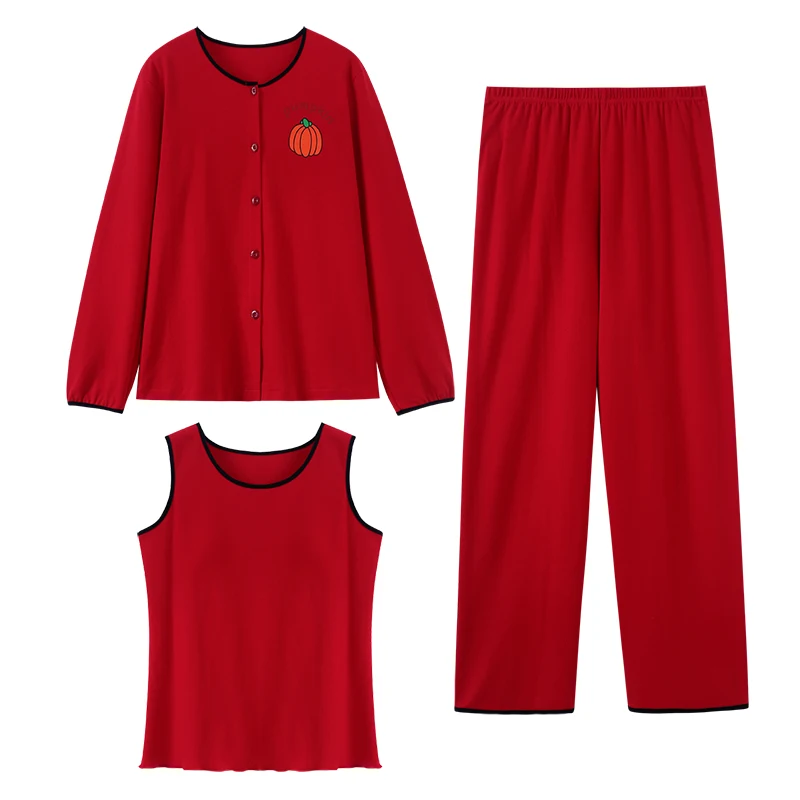 Newest 3 Pieces Set Spring and Autumn Women 100% Cotton Pyjamas Female Long Sleeve Sleepwear With Chest Pad