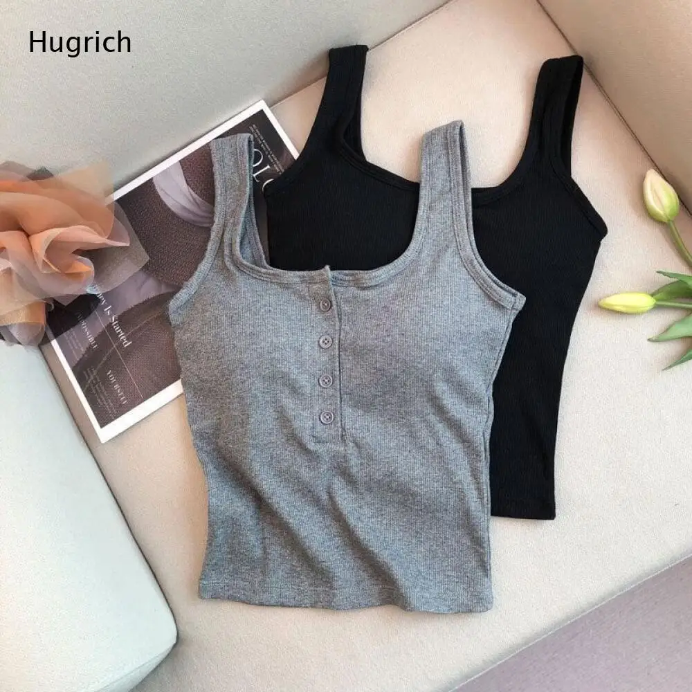Women's Sleeveless Ribbed Knit Cami Top Square Neck Button Front Tank for Summer Daily