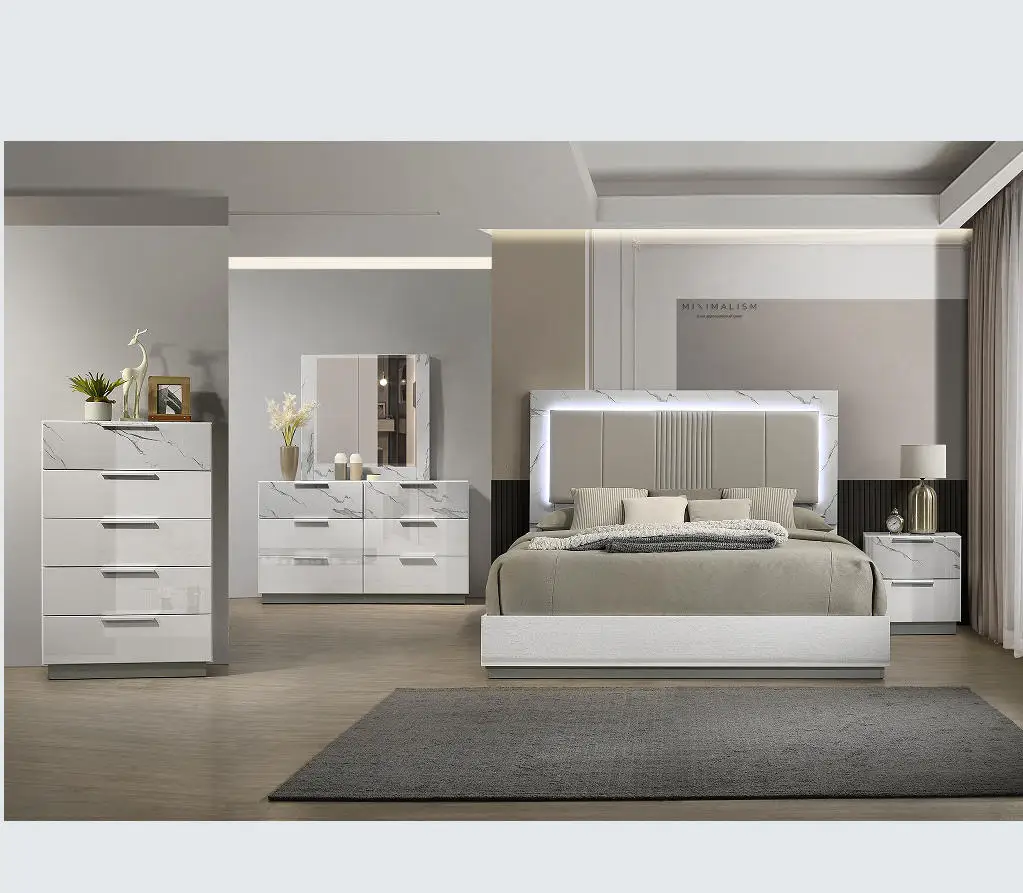 ！@Queen 5-Piece Modern Metal Bed Set Two-Tone High-Gloss Marble Lacquer Finish LED Lighting Spacious Fabric Upholstery