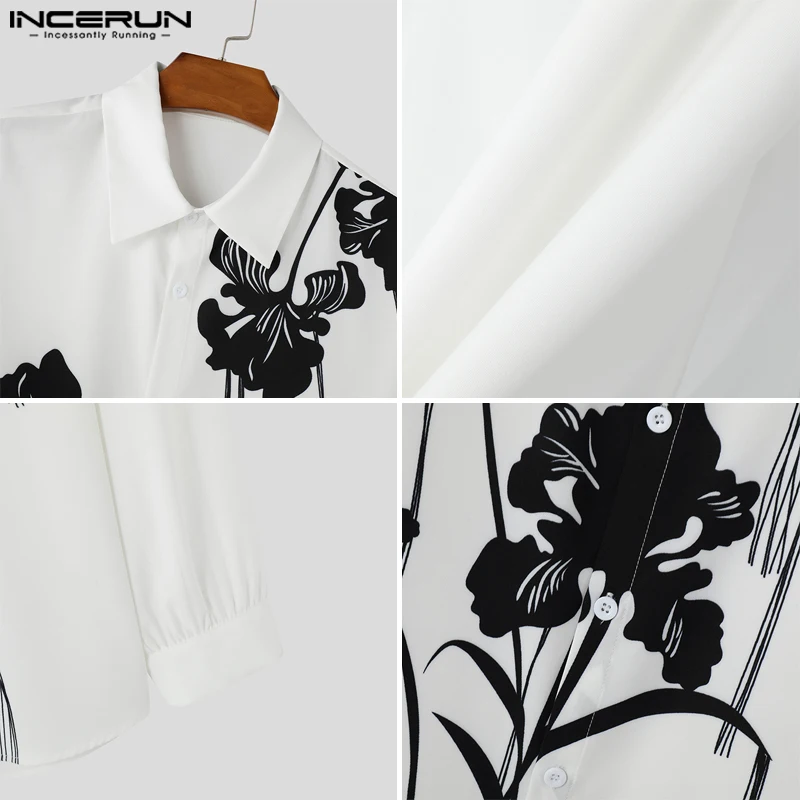 Men Harajuku Long Sleeve Shirt INCERUN Casual Floral Printing Tassel Decoration Hamdsome Tops Turn Dwon Collar Fashion Tees 2024