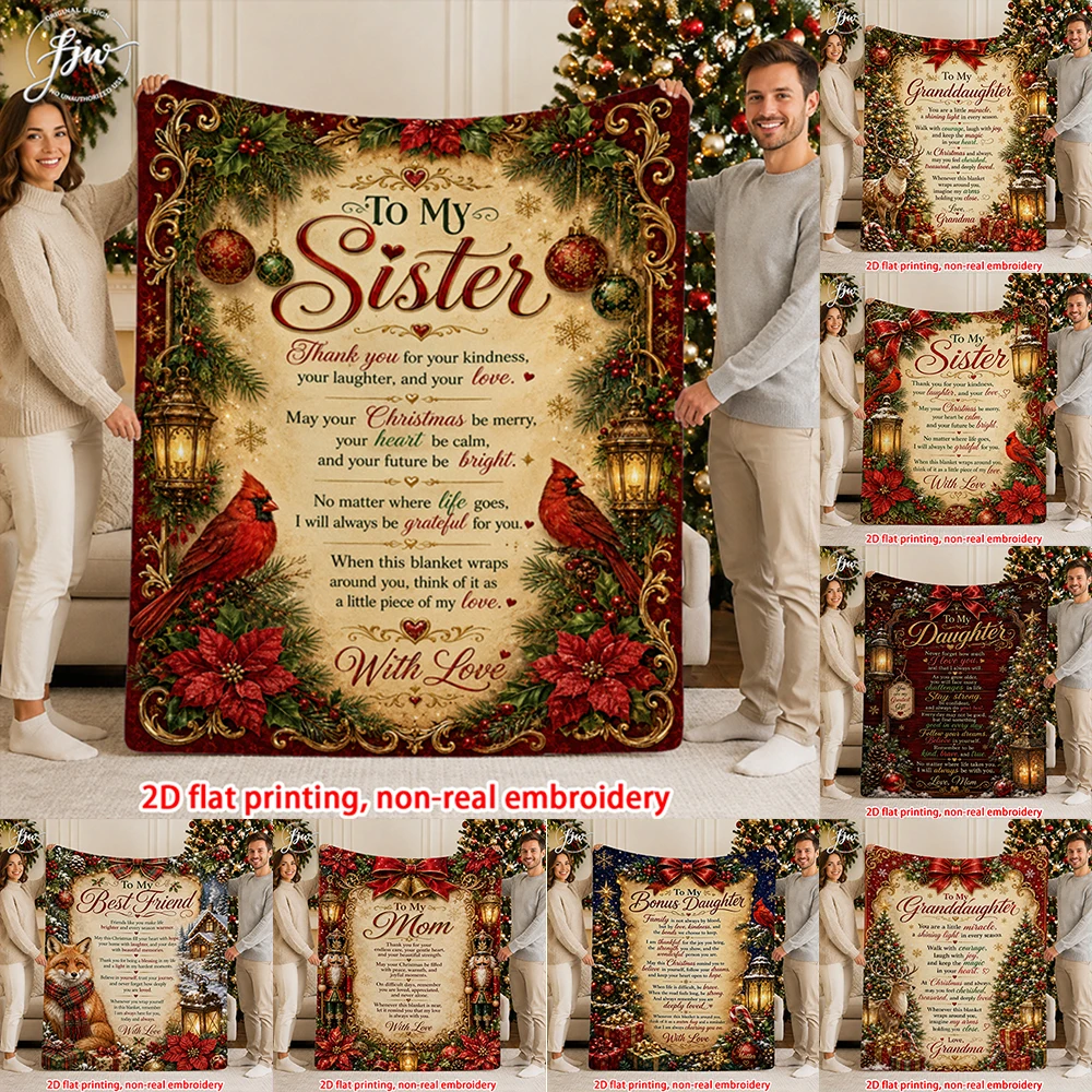 1pc Vintage Christmas Cardinal Fleece Blanket For Sister, Warm Holiday Throw Blanket With Heartfelt Lettering Gift For Family