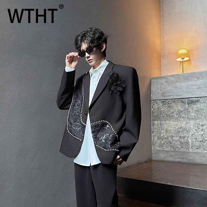 WTHT Fashion Men's Spliced Lace Flower Beads Design Blazer Coats Trendy Single Buckle Long Sleeve Jacket Male 2026 Spring 2A2631