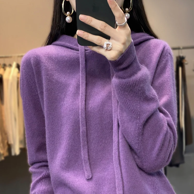 Hot Sale New Style 100% Cashmere Wool Ladies Hooded Sweater Loose High-end Long-sleeved Knit Solid Color Pullover Autumn Winter