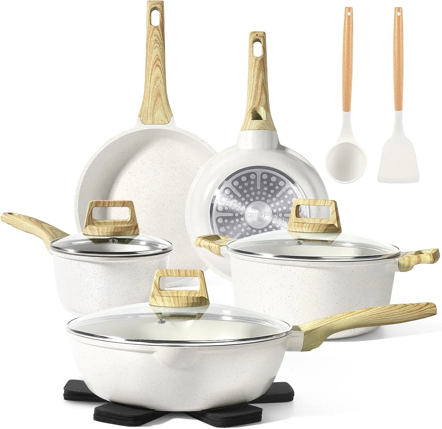 

Pots and Pans Set Non Stick - 14 Pcs White Granite Kitchen Cookware Sets Nonstick Induction Cookware Cooking Pan Set ·New