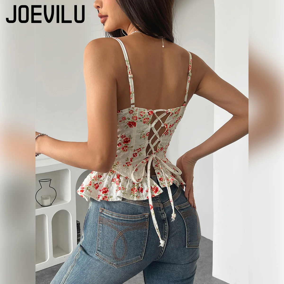 Sexy Floral Print Backless Tie-Up Bandeau Top Asymmetric Ruffles Slimming Spaghetti Strap Spring Summer Women's Y2K Fashion Tops