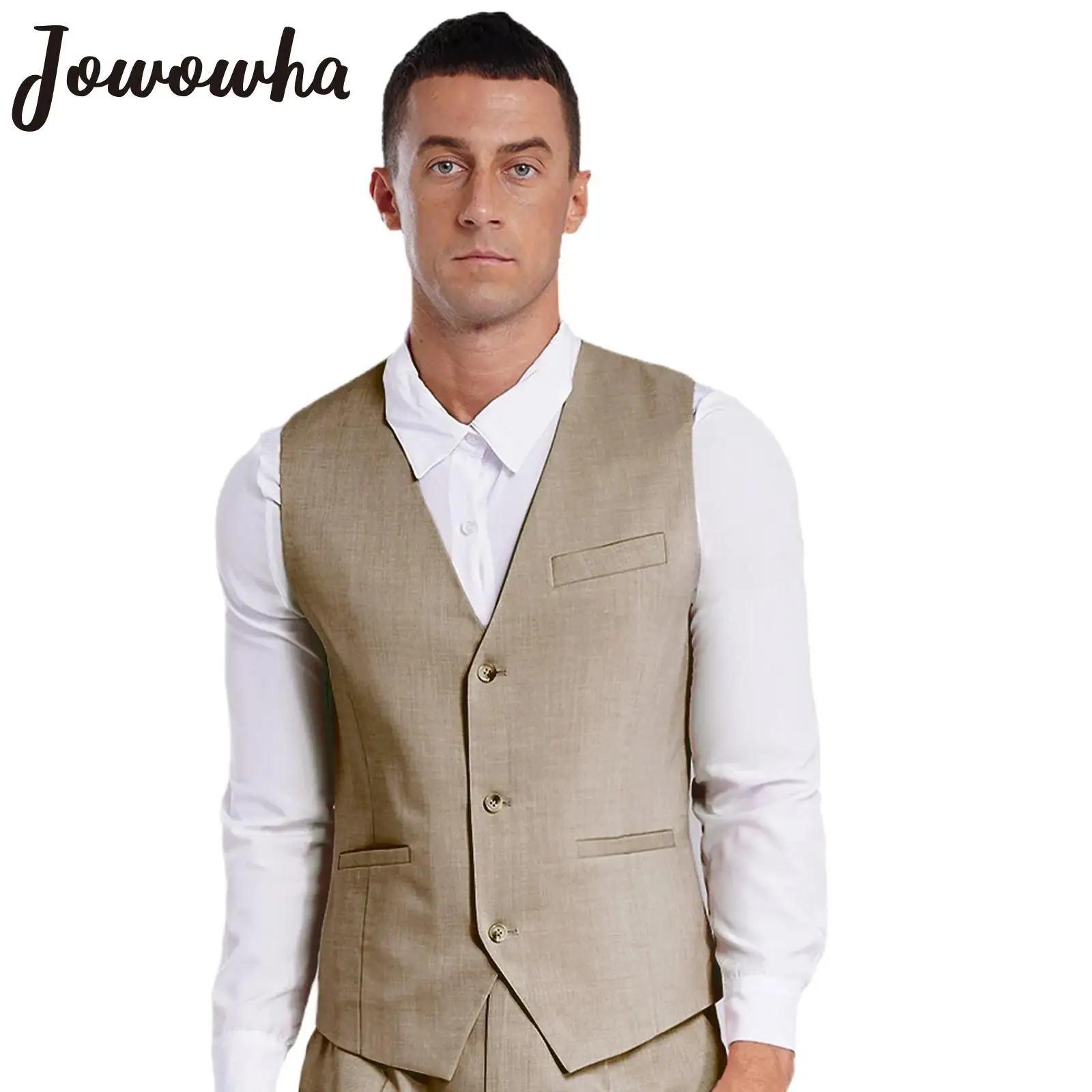 Mens Formal Gentleman Suits Vest V Neck Button-up Pointed Hem Waistcoat Tank Tops Groomsmen Tuxedo for Wedding Formal Party