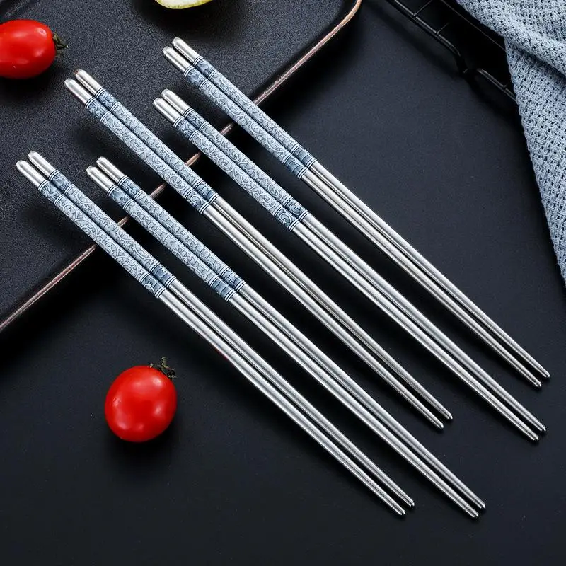 5/10/15/20Pairs Stainless Steel Porcelain Print Chopsticks Non-slip Chinese Chopstick For Cooking Eating Easy To Clean