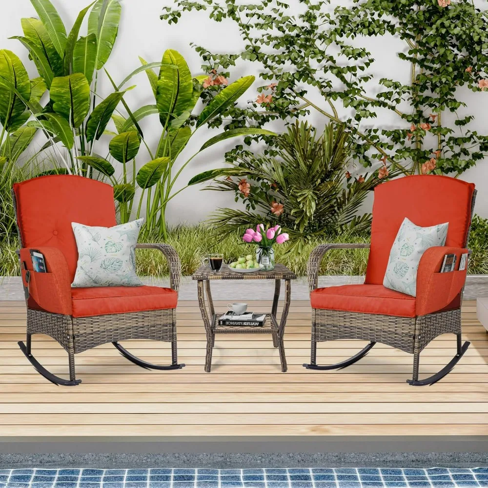 

3-Piece Outdoor Furniture Set, Patio Conversation Chair, Wicker Cushioned Patio Rocker with Side Table for Porch,Garden,Poolside