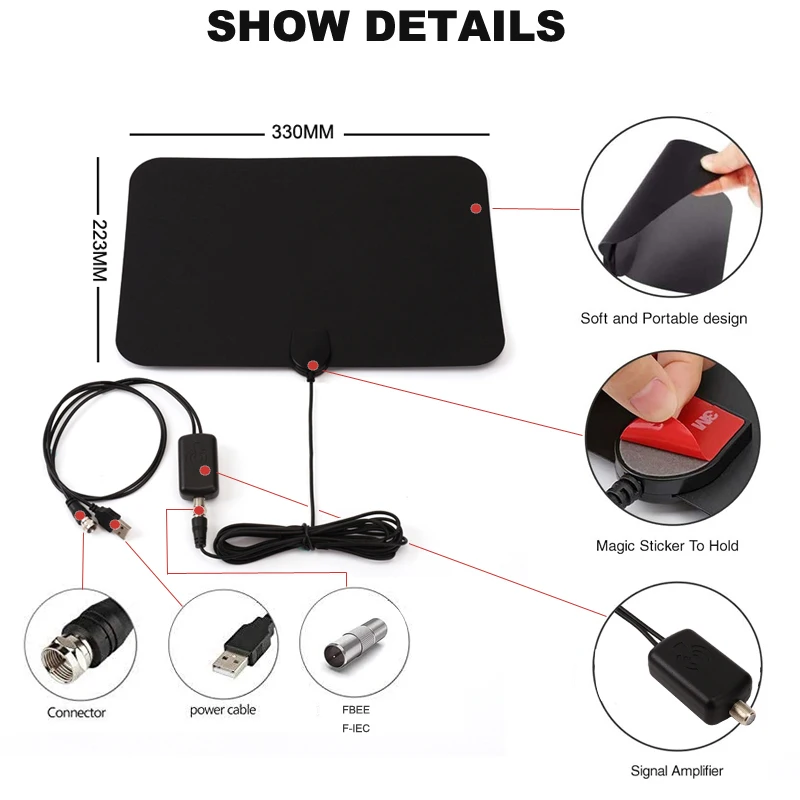 Antenne TV intérieure longue portée gratuite, amplificateur de signal 4K, amplificateur de récepteur de télévision domestique, gain élevé, 30Dbi