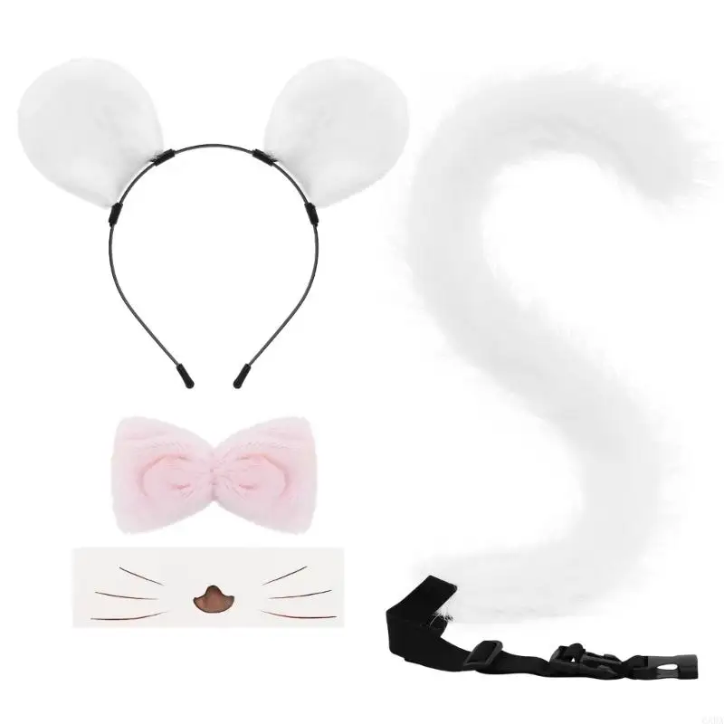 Plush Four Piece Mouse Party Set for Adults with Ear Band, Tail, Neck Tie and Nose Piece for Costume Photo Use 6XDA