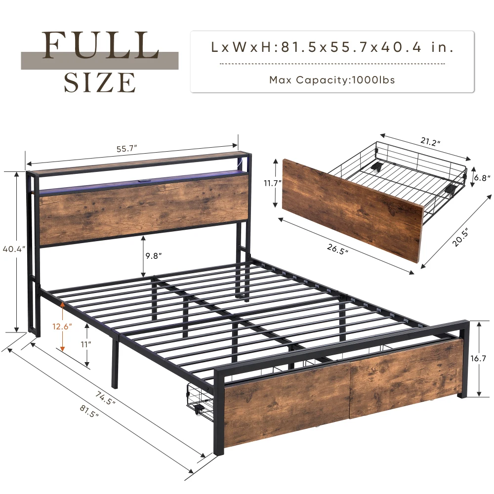 Modern Industrial Queen Bed Frame with Storage Headboard and 2 Drawers,LED Lights and 2 USB Ports, No Box Spring Needed