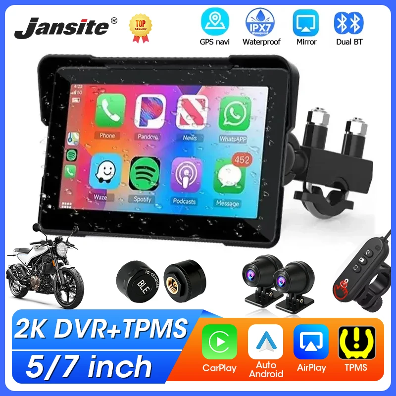 Jansite-navegador GPS portátil para motocicleta, 5/7 pulgadas, con pantalla LCD resistente al agua IPX7, para CarPlay inalámbrico, Android Auto