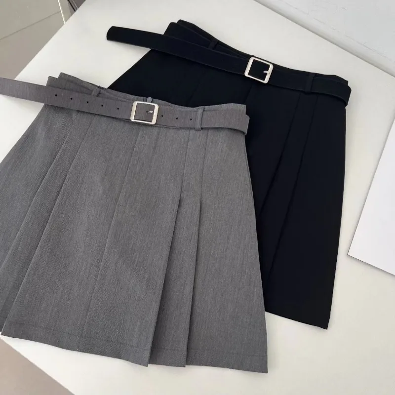 Short Skirt A-line Pleated Skirt Belt Grey Female Spring New High Waisted Anti Glare Appear Thin Pleats Y2k Fold Korean Style