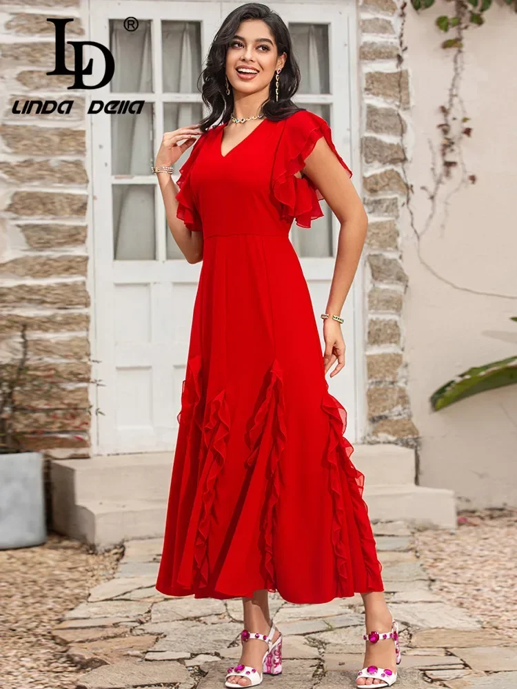 LD LINDA DELLA 2024 Summer Fashion Red Dress Women's V-Neck Splice Irregularity Draped Travel Long Patrty Dress