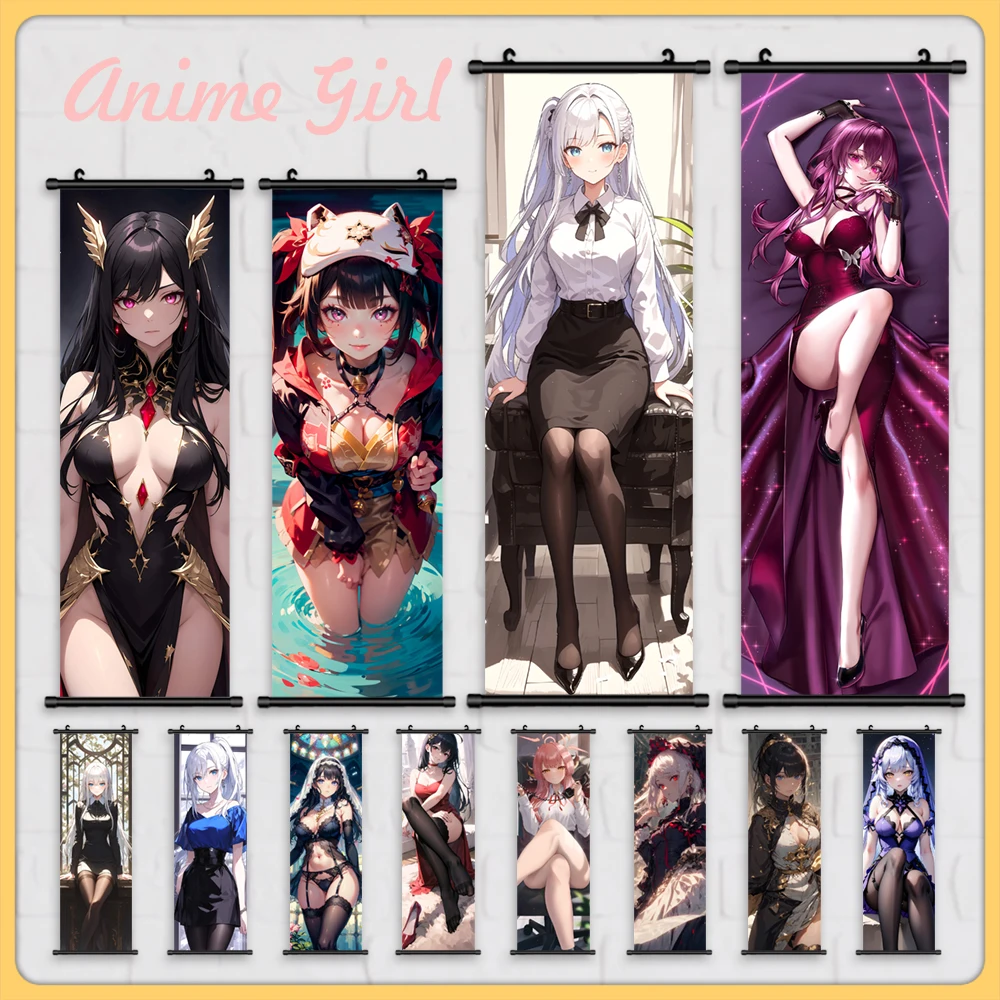 1pc Anime Style Plastic Hanging Painting Cute Anime Girl Scroll Picture Cartoon Canvas Posters Art For Home Decor Bedroom Decor