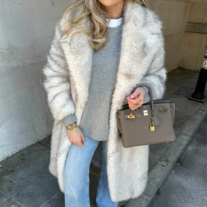 Luxury Fashion Brand Long Faux Fur Coat Women Winter Season Cozy Warm Outfits Fuzzy Iconic Vibe Parka Outwear vintage Jackets