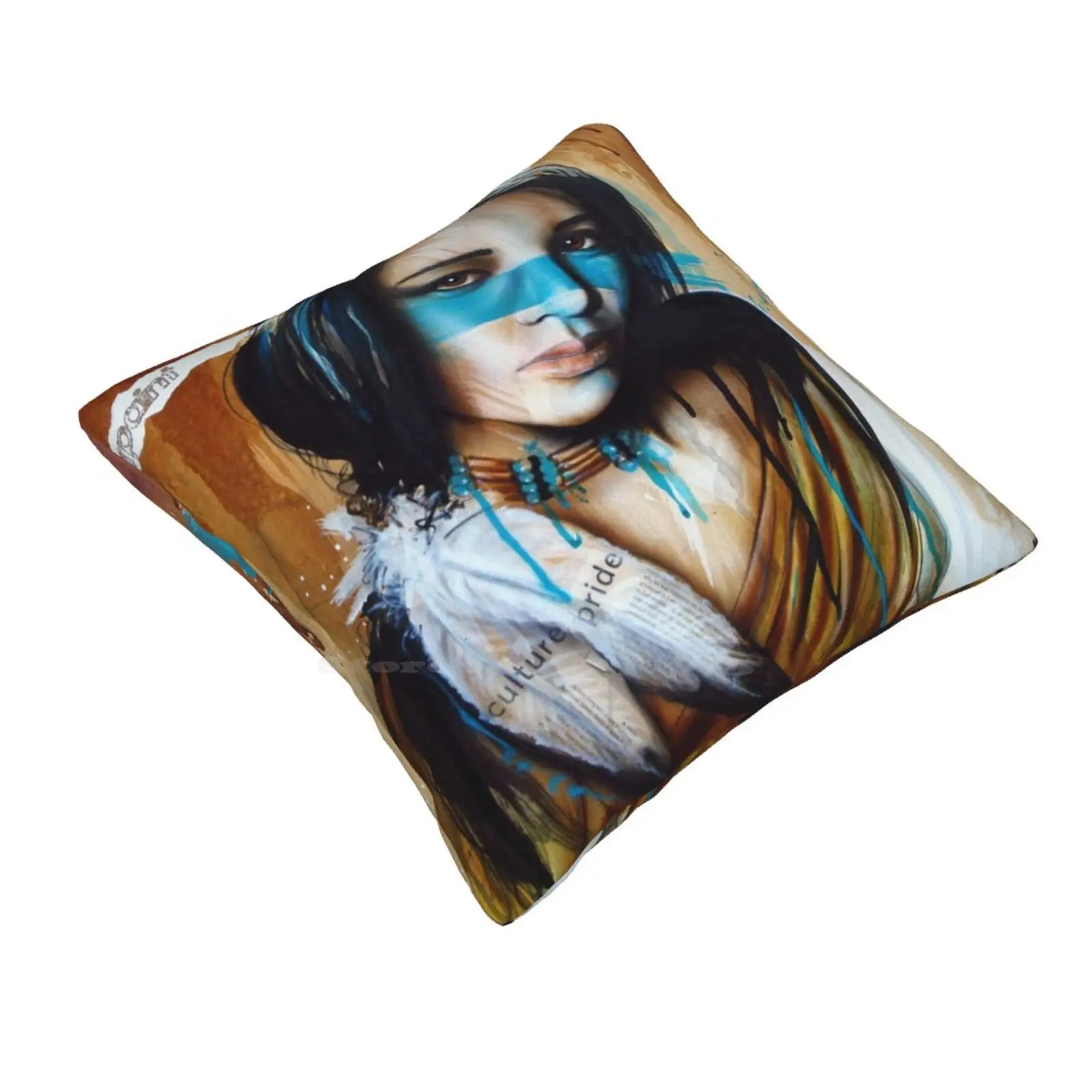 Warpaint | Art | Tim Miklos Pillow Cover Hug Pillowcase Woman Indian Feathers Pride Culture Airbrush Pretty Girl Beauty