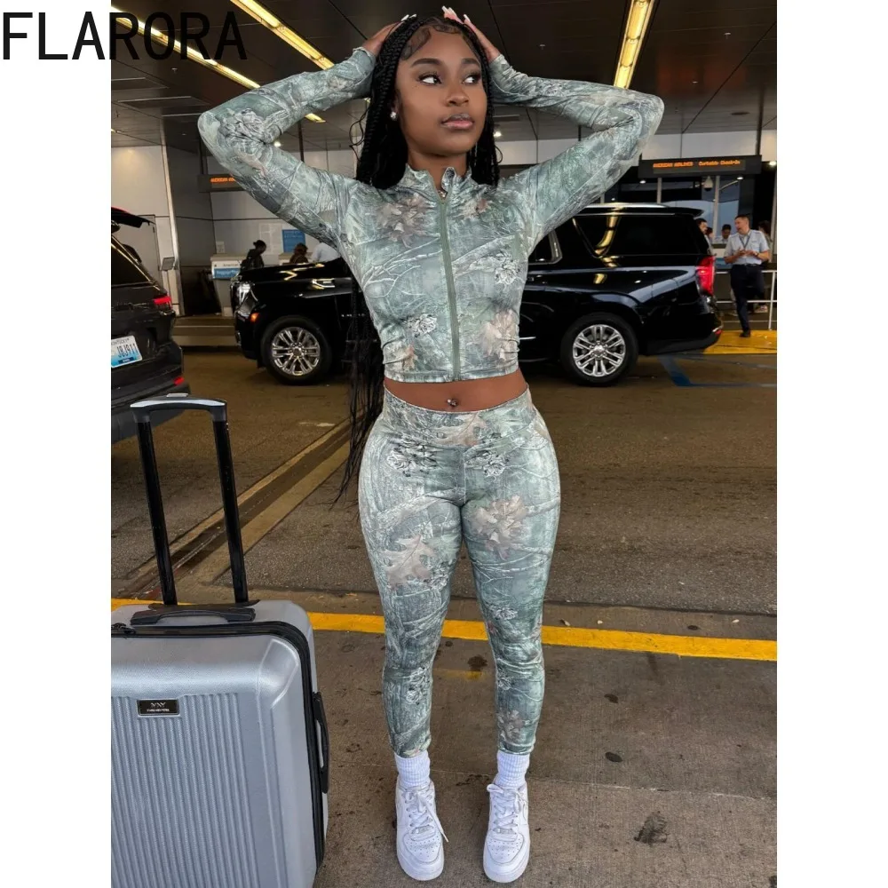 

FLARORA Fashion Pattern Print 2 Pcs Sets Woman Round Neck Long Sleeve Zip Jackets and Skinny Pants Outfits Female Y2k Streetwear