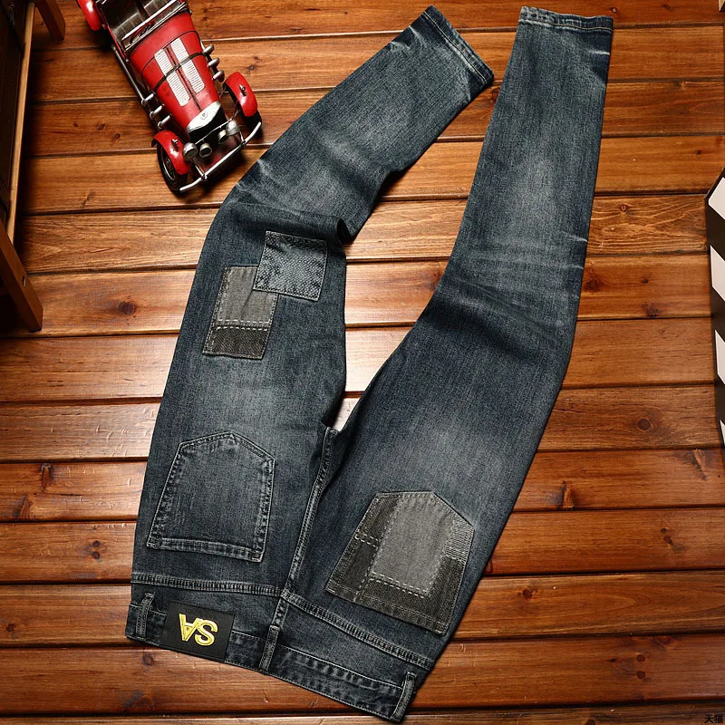 High-end trendy Korean style jeans men's stitching design slim fit skinny stretch youth street retro smart trousers