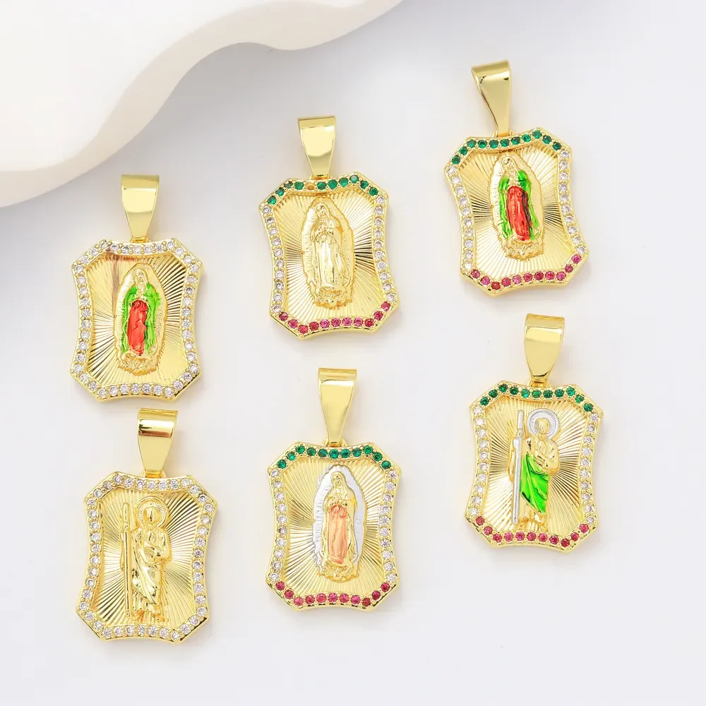 Catholicism Guadalupe Virgin Mary St Jude Cubic Zirconia Religious Gold Plated Pendant for Women Jewelry Charms