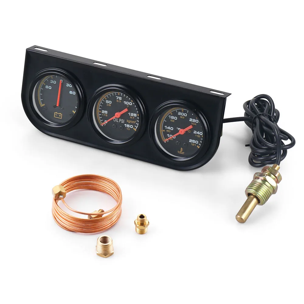 

12V Car Triple Gauge Kit 3 in 1 - 52MM Water Temp Oil Pressure AMP Volt Meter With Sensor