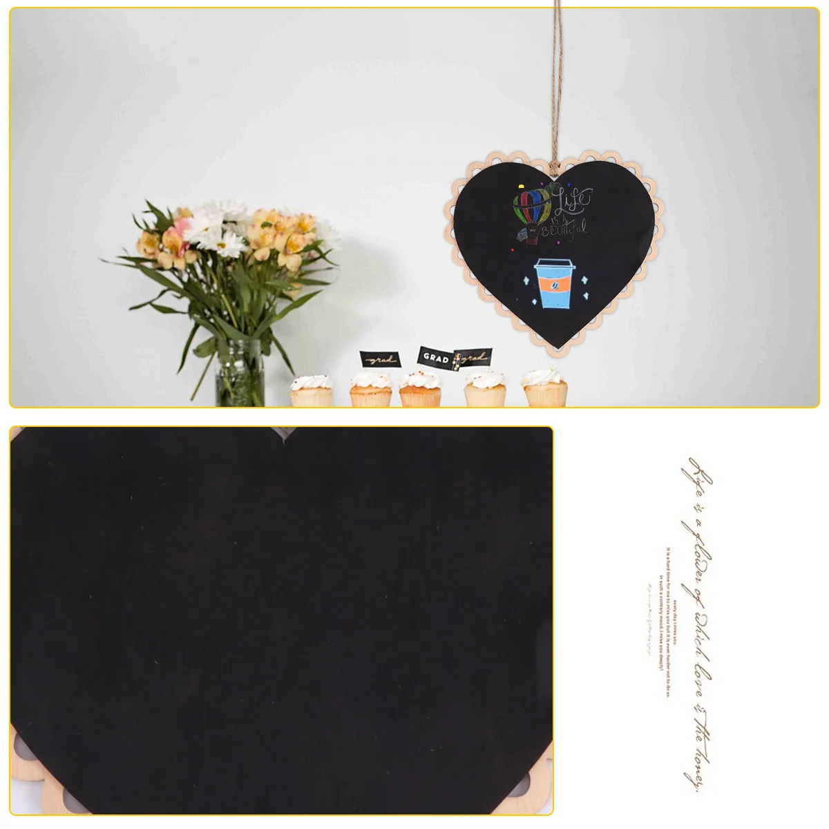5Pcs Mini Heart Hanging Wooden Chalkboard Message Board Wall Display for Greetings Menus Table Numbers Home Office Decorative
