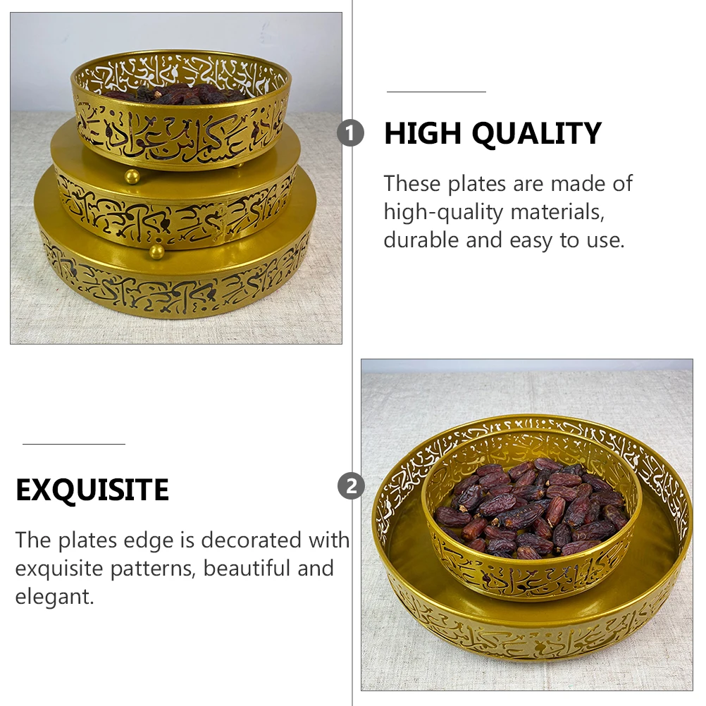

3pcs Set Muslim Eid Iron Plates Round Food Service Trays Snack Plates Party Supplies Golden Patterned Iron Tray For Eid