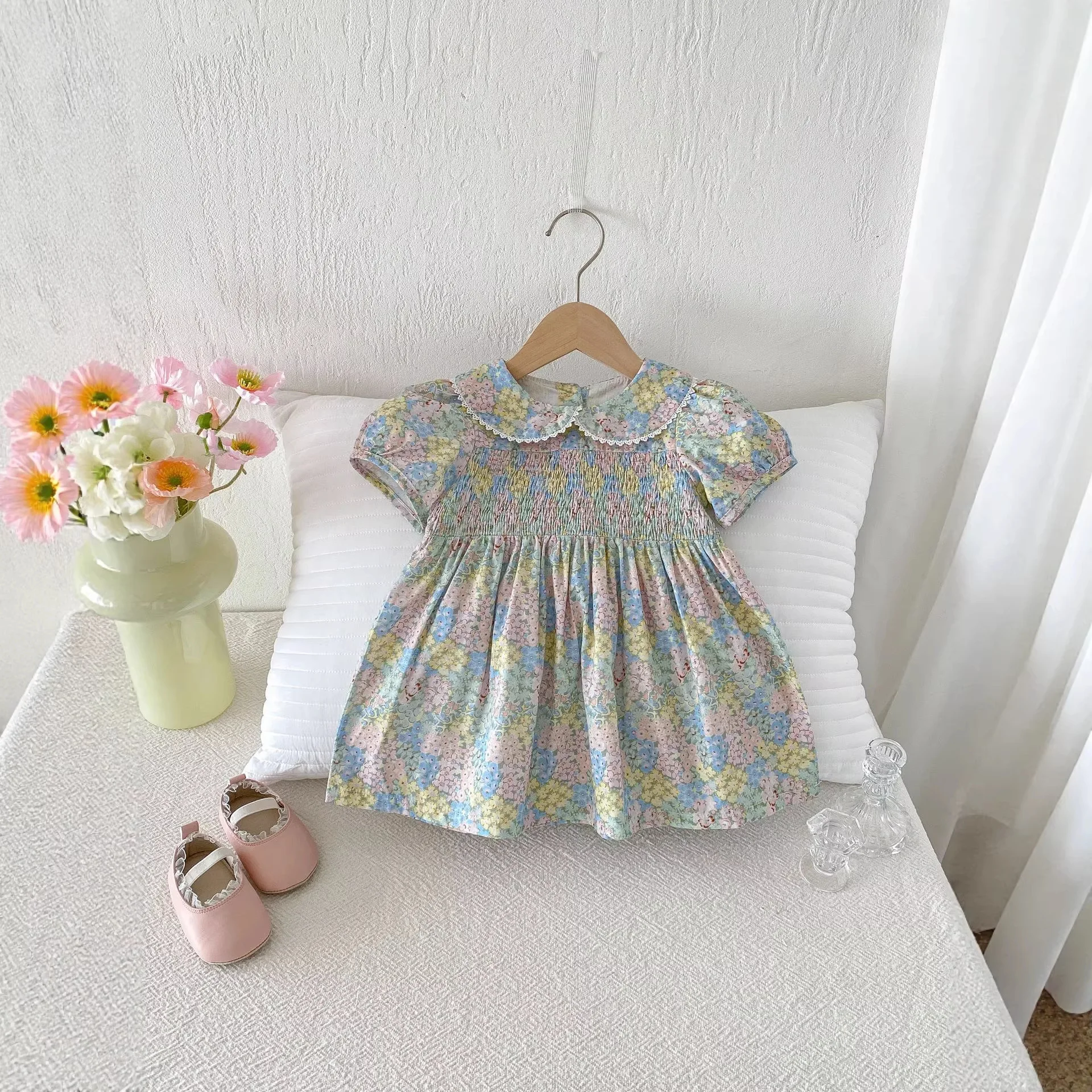 2026 Summer New Girls Short Sleeve Floral Dress Children Princess Dress Baby Girl Cute Sweet Ruffle Collar Dress Toddler Clothes