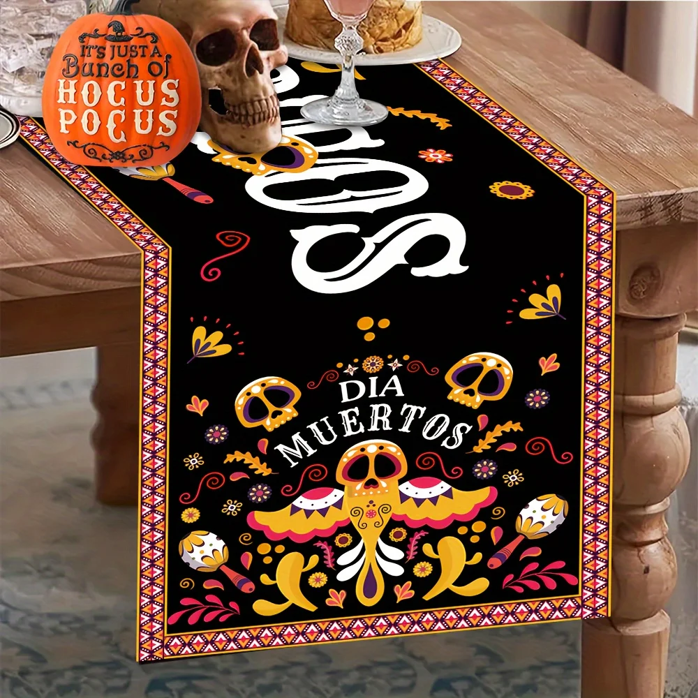 Mexican Dia De Los Muertos Linen Table Runner Fiesta Party Decor Mexico Skull Day of The Dead Table Runners Kitchen Table Decor