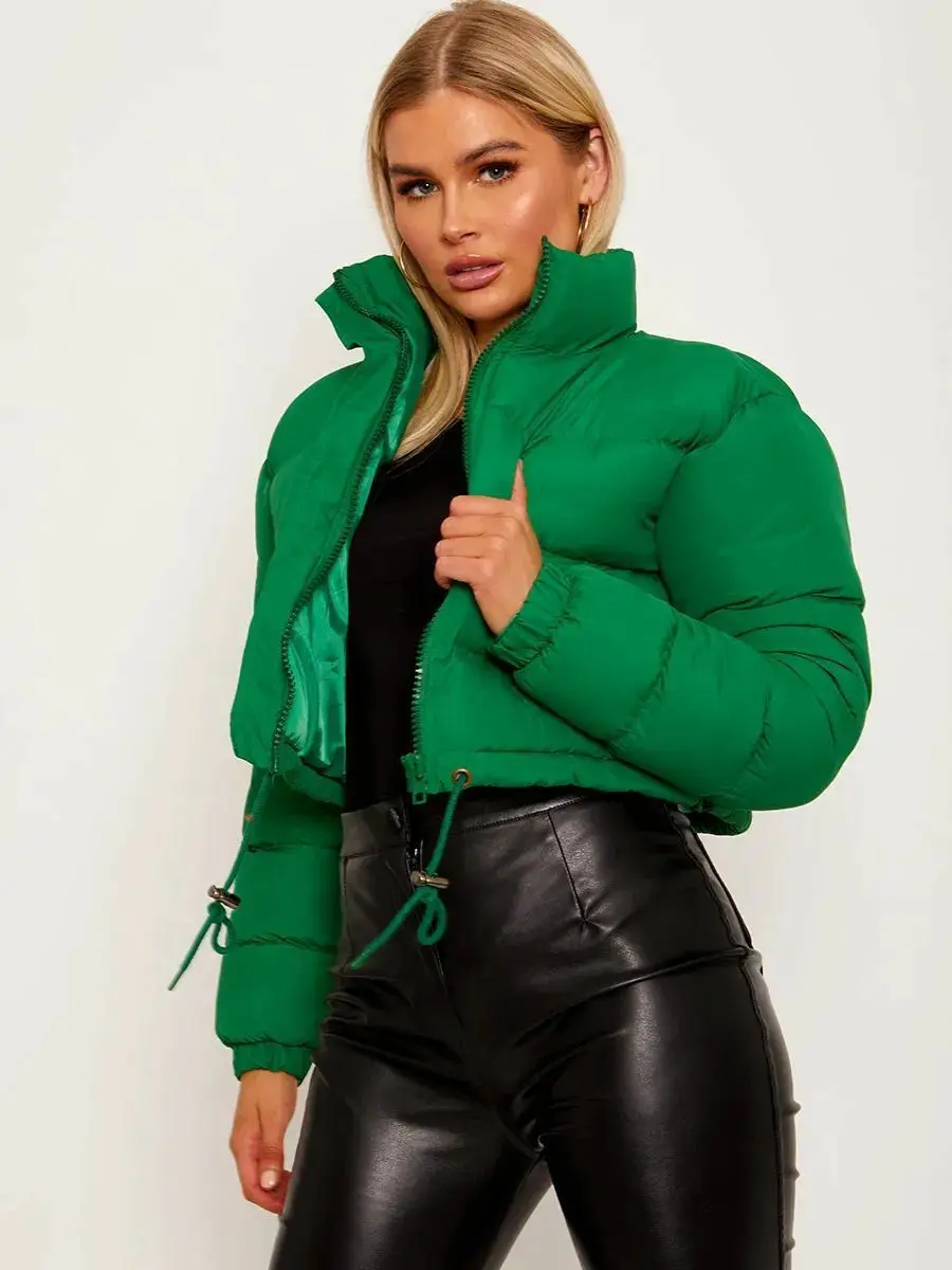 Khaki Women's Cropped Puffer Jacket Long Sleeve Puffy Coat Stand Collar Zip UP Quilted Padded Drawstring Outwear with Pockets