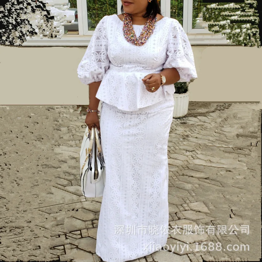 

American Plus Size Women's Tendy Loose Ceremonial 2 Piece Sets O-neck Half Sleeve Embroideries Tops Ankle Length Dresses Female