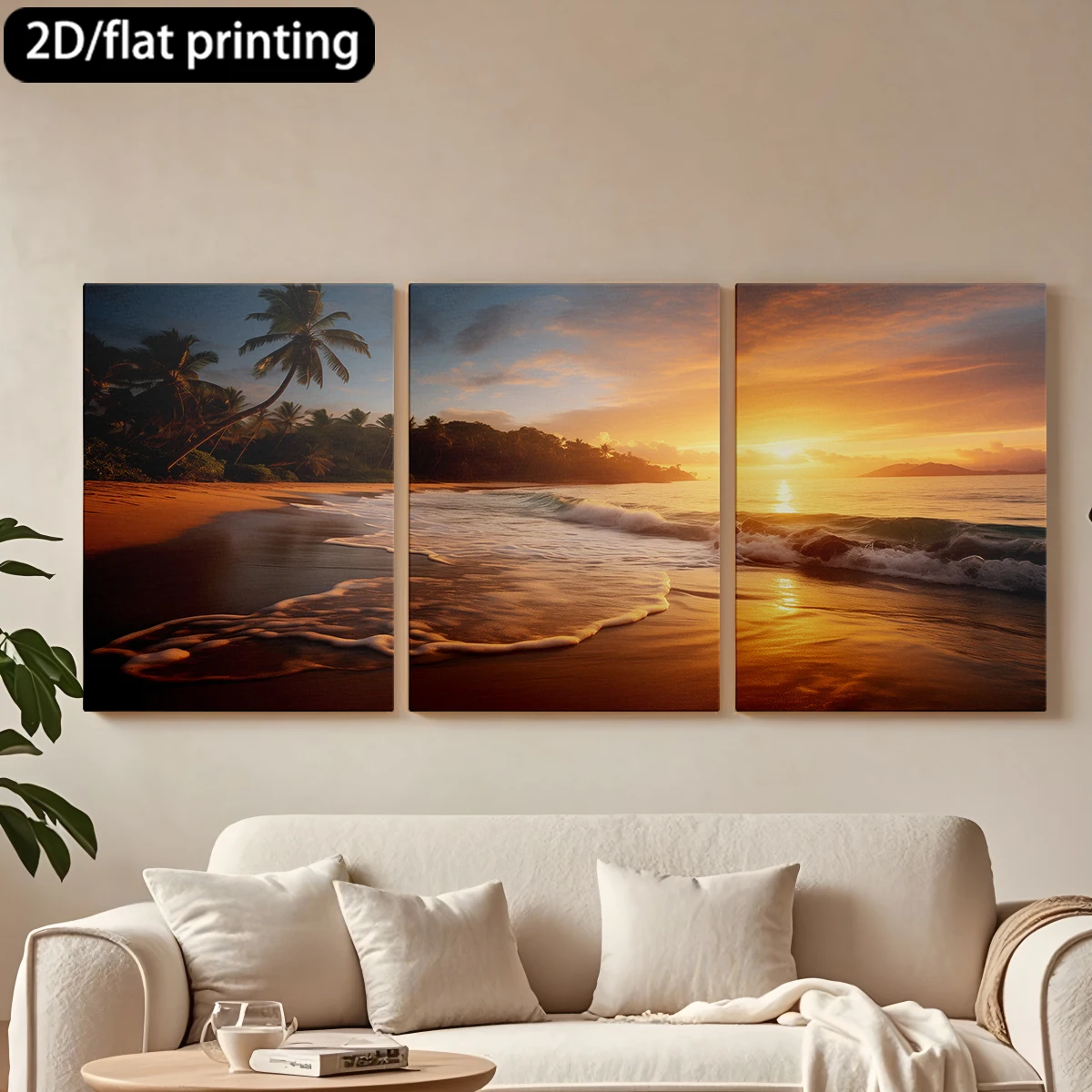 

Набор из 3 картин на холсте в деревянных рамах: Декоративная живопись «Солнечный пляж, закат, рай». Украшение для коридора и спальни.