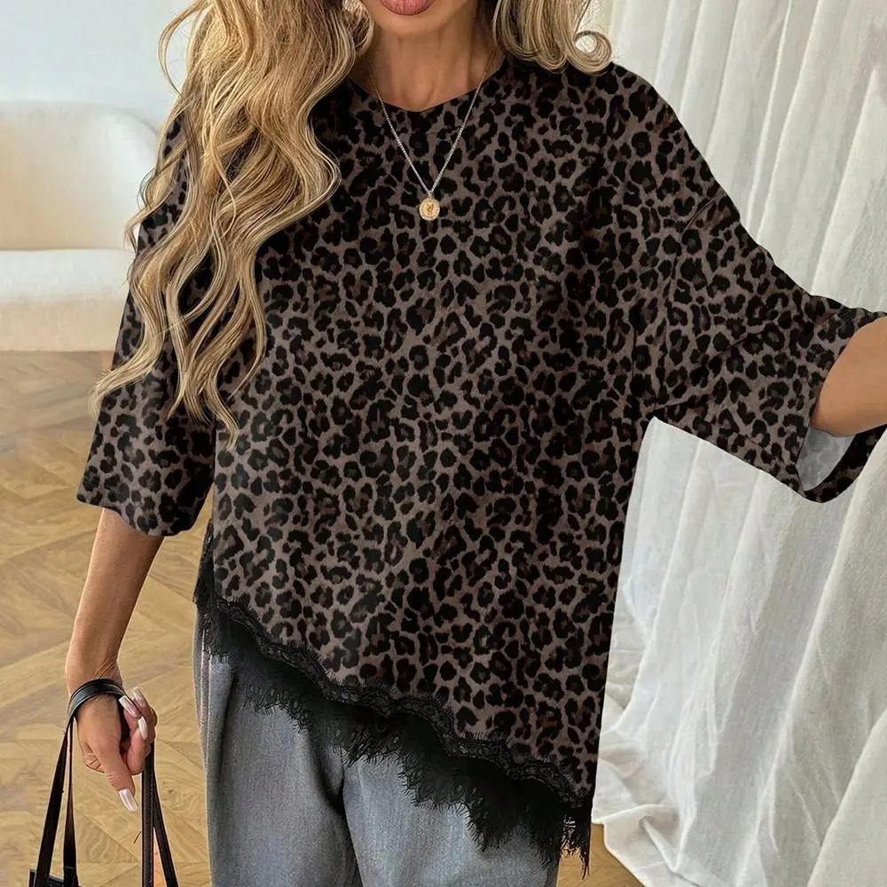 

Elegant Lace Patchwork T-shirt Leopard Print Splicing Slanted Lace Oversized T-Shirt Middle Sleeve Casual Leopard Print T-Shirt