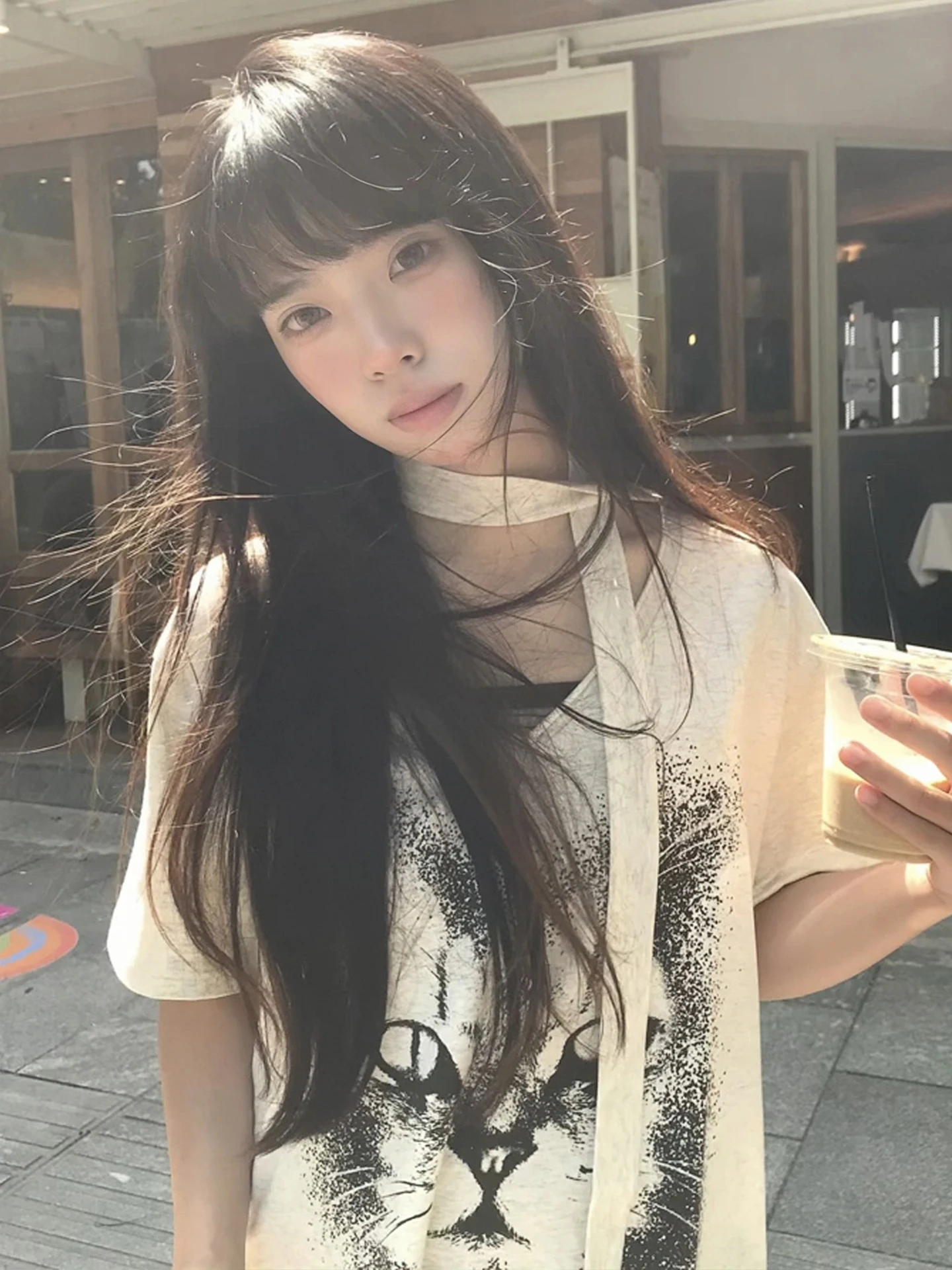 Tonngirls الكورية نمط تي شيرت المرأة الخامس الرقبة فضفاضة عادية المحملة القمم Y2k خمر الجرونج القمم اليابانية 2000s طباعة الجرافيك القمم
