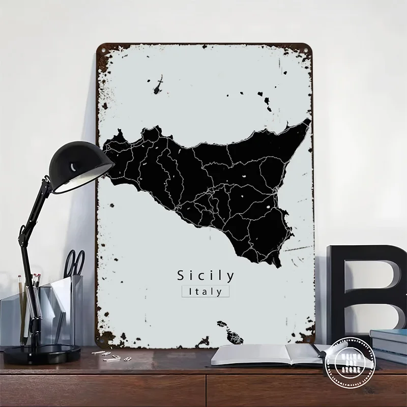 Sicily Island Map Poster Customized Wall Art Vintage Metal Signs Retro Tin Plaque for Man Cave Gaming Decoration Room Desk Decor