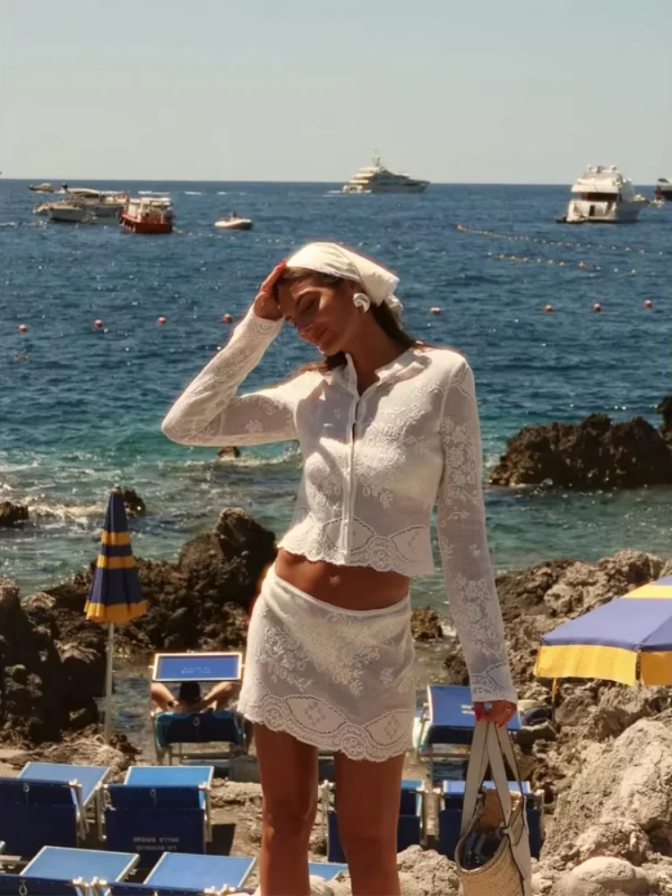 Boho White Lace Hollow Out Mini Skirts Suit Women Sexy Embroidery See Through Full Sleeve Shirt Set Summer Holiday Beach Outfits